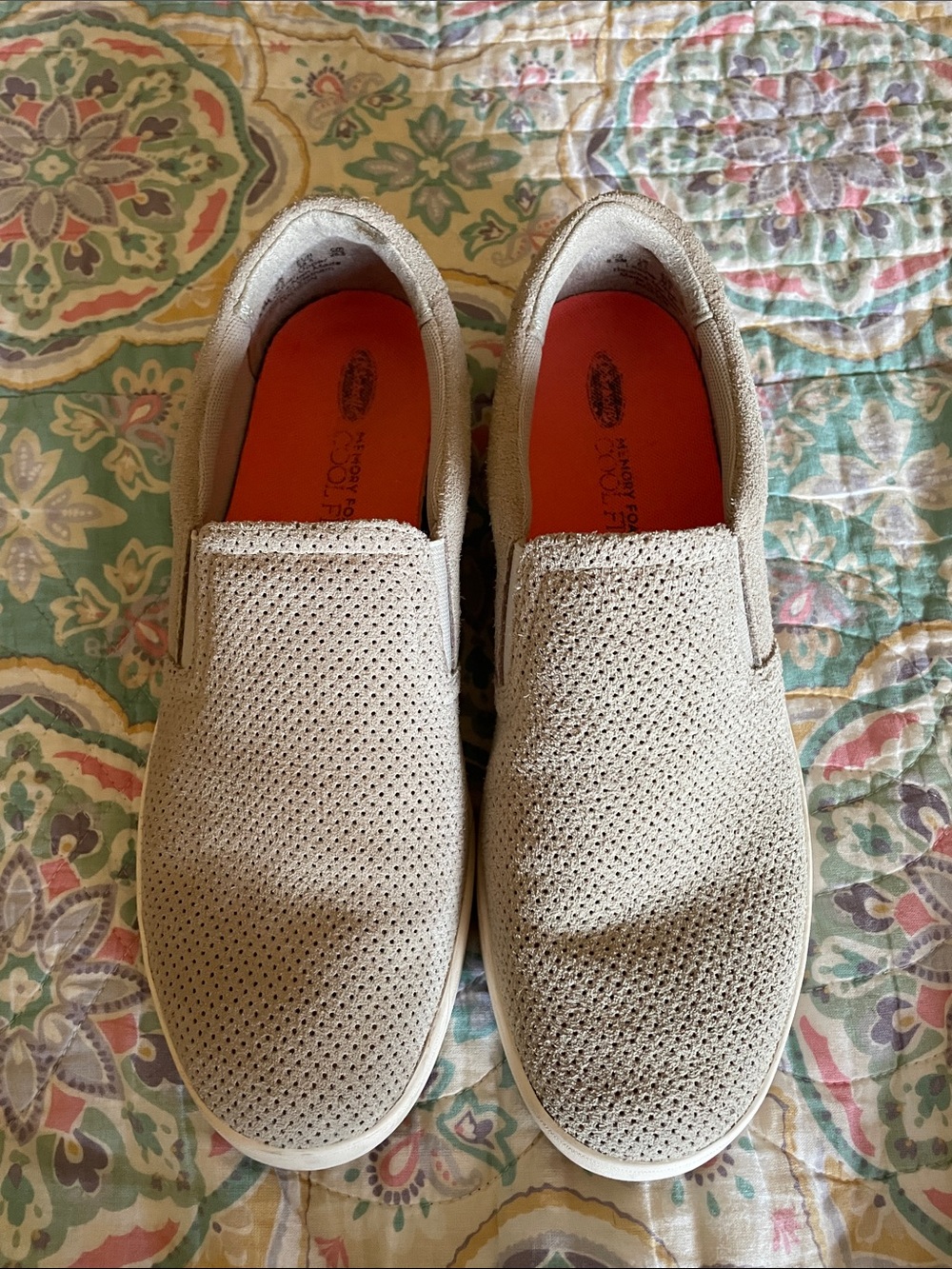 Dr. Scholl’s Madison Taupe perforated suede slip on sneakers. Size 8.5